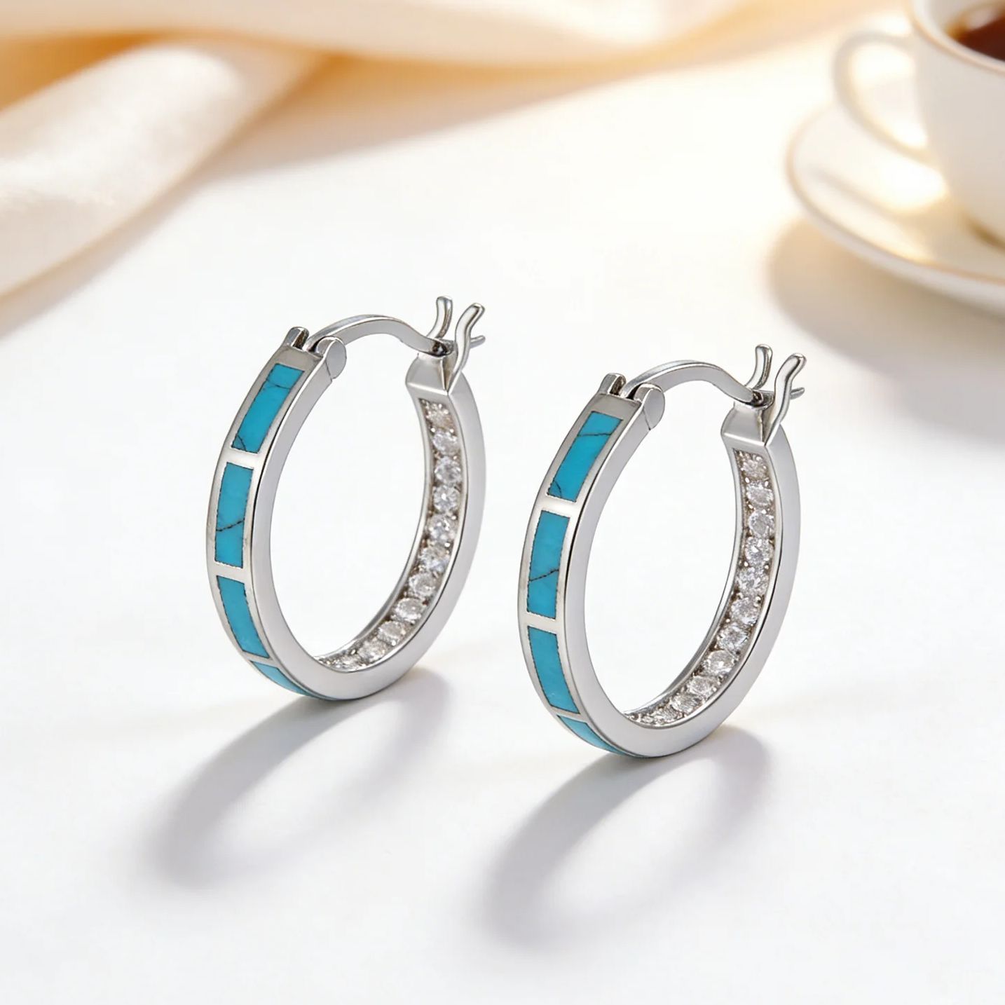 Turquoise Stone Ring - Anting Hoop Pirus & Zirkon Hipoalergenik