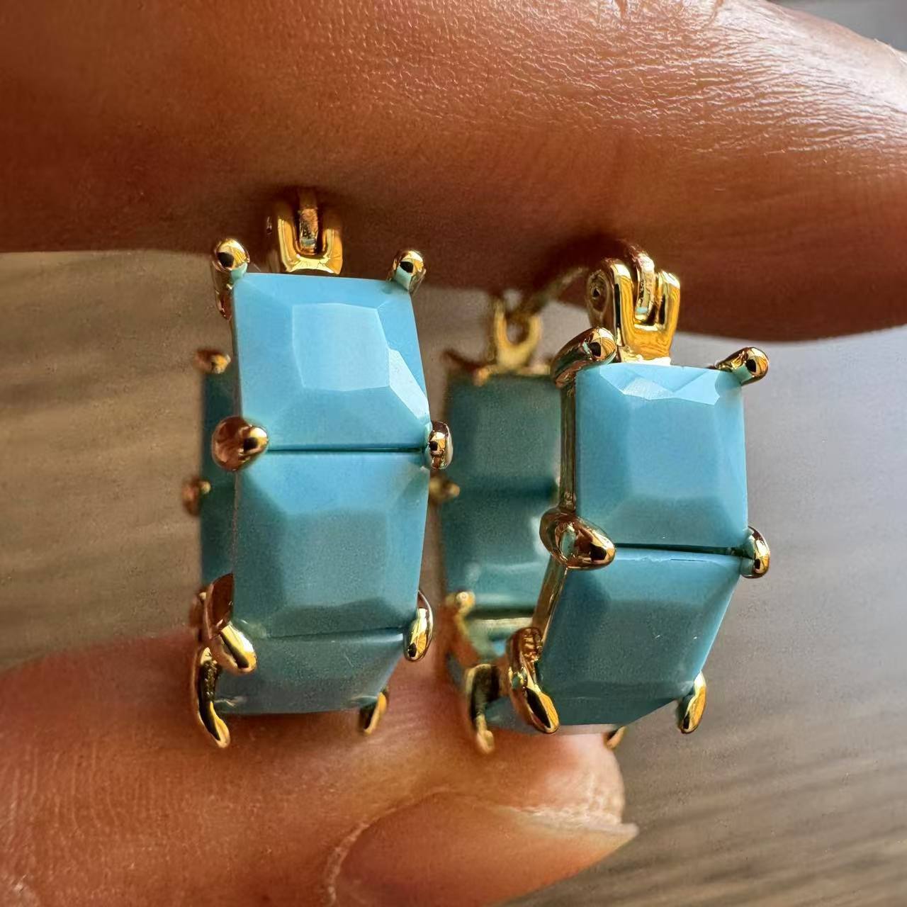 Turquoise Stone Ring - Anting Kotak-kotak Pirus Klasik Fashion untuk
