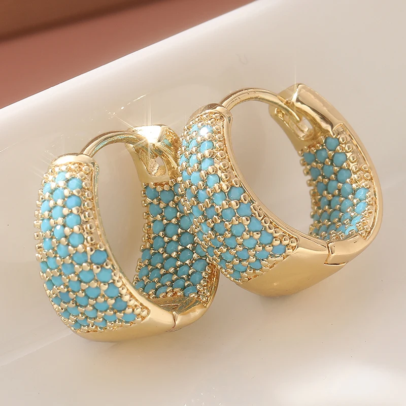 Turquoise Stone Ring - Anting Hoop Warna Emas Mewah Bertabur